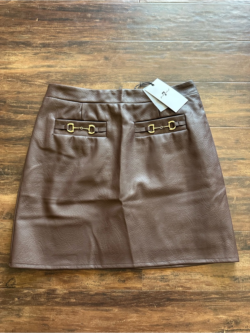 7 For All Mankind Brown Faux Leather Mini Skirt with Gold Hardware